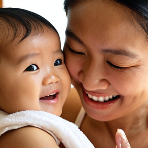 **Prompt:** A cute Thai baby getting their ears cleaned gently by their mother. The mother is using a soft cloth and warm water. Focus on the loving interaction and the baby's happy expression. Avoid cotton swabs. Soft, natural lighting. Thai home setting.