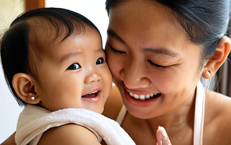 **Prompt:** A cute Thai baby getting their ears cleaned gently by their mother. The mother is using a soft cloth and warm water. Focus on the loving interaction and the baby's happy expression. Avoid cotton swabs. Soft, natural lighting. Thai home setting.