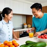 A Thai family, including a mother, father, and their child, joyfully preparing a healthy meal together in a bright, modern kitchen. Fresh fruits, colorful vegetables, and whole grains are visible on the counter, conveying a nutritious and inviting spread. Everyone is fully clothed in modest, comfortable attire. The scene portrays a warm, family-friendly atmosphere. Perfect anatomy, correct proportions, natural pose, well-formed hands, proper finger count, natural body proportions, professional photography, high quality, appropriate content, safe for work.