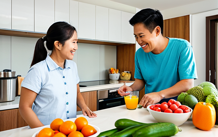 A Thai family, including a mother, father, and their child, joyfully preparing a healthy meal together in a bright, modern kitchen. Fresh fruits, colorful vegetables, and whole grains are visible on the counter, conveying a nutritious and inviting spread. Everyone is fully clothed in modest, comfortable attire. The scene portrays a warm, family-friendly atmosphere. Perfect anatomy, correct proportions, natural pose, well-formed hands, proper finger count, natural body proportions, professional photography, high quality, appropriate content, safe for work.