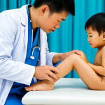 Doctor Examining a Child**

A kind doctor carefully examines a young Thai child's knee in a bright, clean clinic. The child is fully clothed in comfortable attire. The doctor wears a professional lab coat. Safe for work, appropriate content, fully clothed, family-friendly, perfect anatomy, natural proportions, professional lighting, high quality.

**