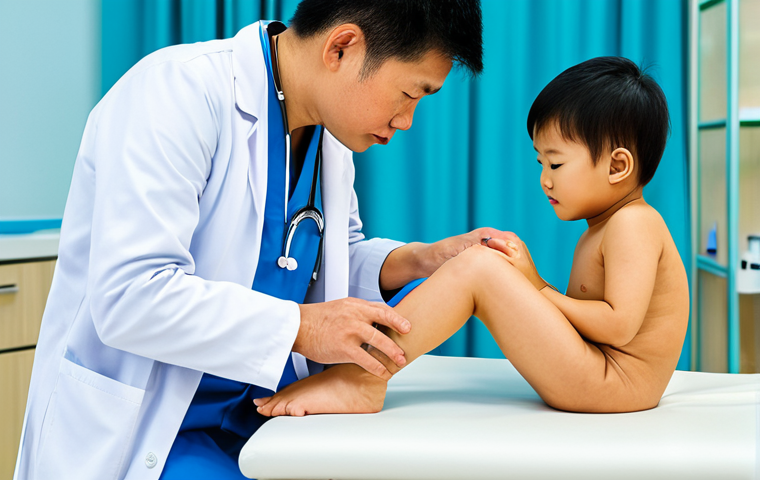 Doctor Examining a Child**
A kind doctor carefully examines a young Thai child's knee in a bright, clean clinic. The child is fully clothed in comfortable attire. The doctor wears a professional lab coat. Safe for work, appropriate content, fully clothed, family-friendly, perfect anatomy, natural proportions, professional lighting, high quality.
**