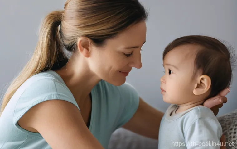 신생아 열성 경련 증상과 응급 대처 - **Prompt 1: Tender Care in a Cozy Room**
"A gentle mother softly checks her toddler's forehead f...
