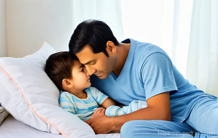 신생아 열성 경련 증상과 응급 대처 - **Prompt 1: Tender Care in a Cozy Room**
    "A gentle mother softly checks her toddler's forehead f...