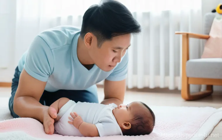 소아 탈장 증상과 수술 필요성 - A heartwarming scene of concerned Thai parents gently observing their baby, approximately 3-6 months...