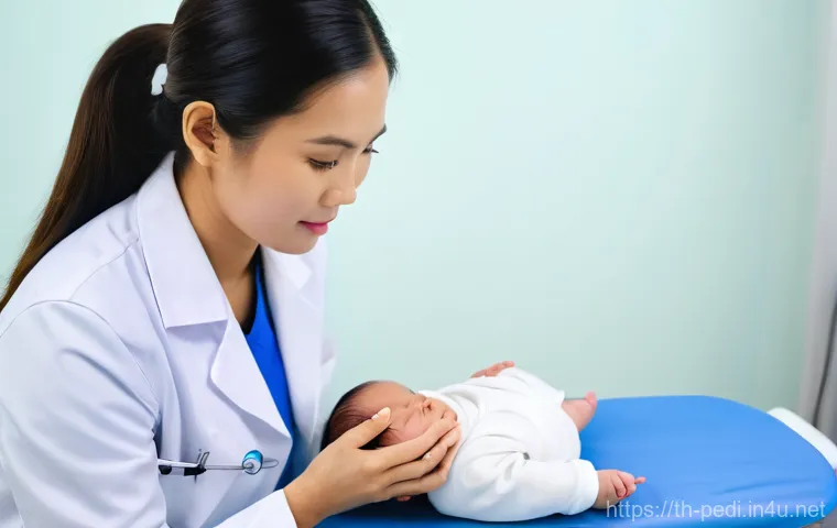 소아 탈장 증상과 수술 필요성 - A heartwarming scene of concerned Thai parents gently observing their baby, approximately 3-6 months...