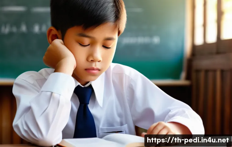 소아 두통 관리와 병원 방문 기준 - A young Thai boy sitting at a wooden school desk in a softly lit classroom, wearing a clean white sc...