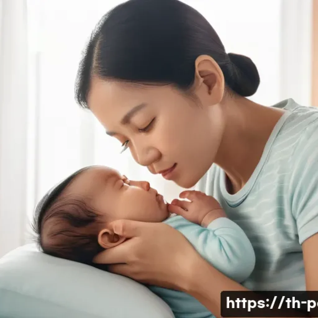 아기 감기와 독감 차이점 - A detailed scene showing a caring Thai mother gently holding her infant wearing a clean diaper, both...