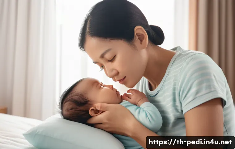 아기 감기와 독감 차이점 - A detailed scene showing a caring Thai mother gently holding her infant wearing a clean diaper, both...