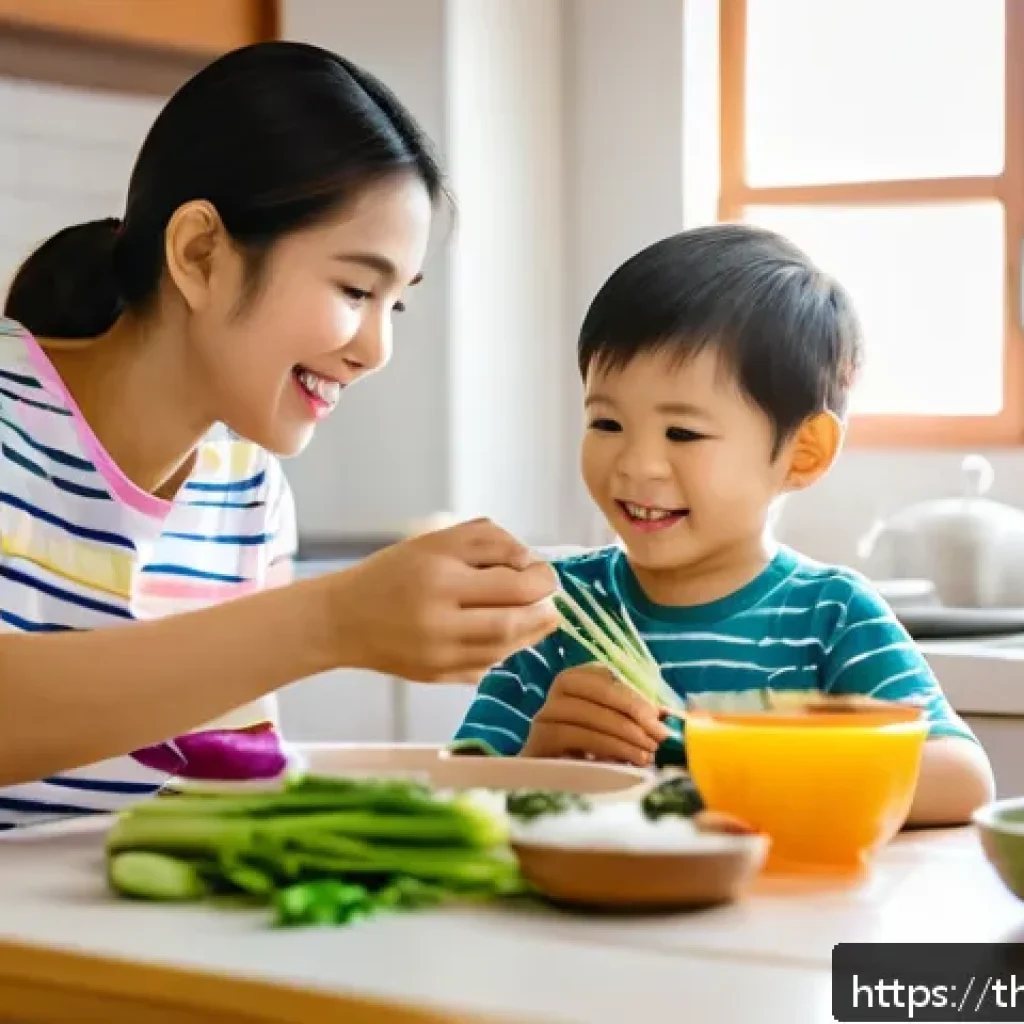 소아 과민성 대장 증후군 치료법 - A warm and cozy family kitchen scene in a modern Thai home where a young child, wearing colorful com...