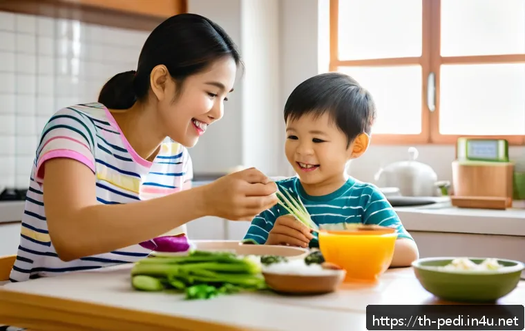 소아 과민성 대장 증후군 치료법 - A warm and cozy family kitchen scene in a modern Thai home where a young child, wearing colorful com...