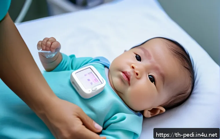 신생아 심장 초음파 검사 필요성 - A calm newborn baby lying on a soft hospital bed during a high-frequency echocardiogram heart examin...