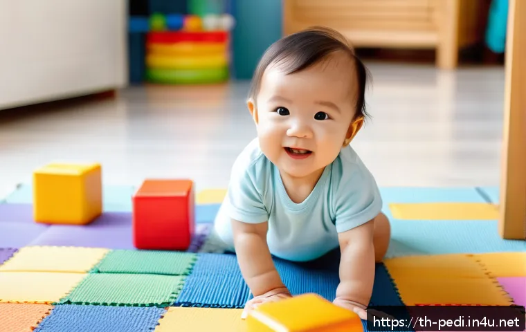 영유아 발달 검사에서 확인하는 주요 항목 - A joyful toddler, about 1 to 2 years old, wearing a colorful diaper, confidently walking on a safe i...