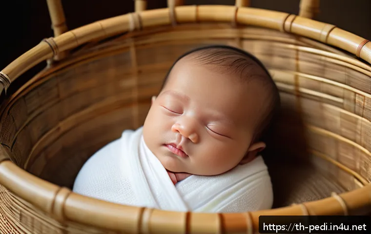 신생아 체중 증가 표준과 이상 징후 - A tender scene of a Thai newborn baby wearing a clean white diaper, peacefully sleeping in a traditi...