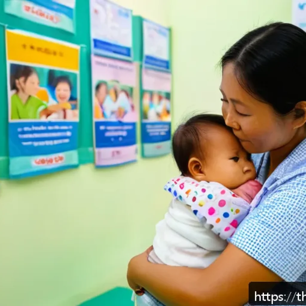 아기 예방접종 스케줄과 중요성 - A tender scene of a Southeast Asian mother gently comforting her infant toddler wearing a clean diap...