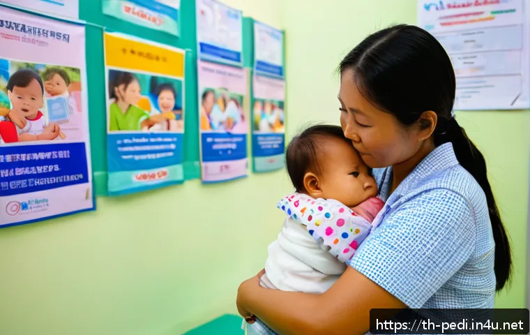 아기 예방접종 스케줄과 중요성 - A tender scene of a Southeast Asian mother gently comforting her infant toddler wearing a clean diap...