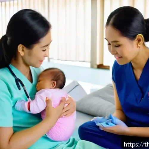 아기 예방접종 전후 관리법 - A tender scene at a modern Thai pediatric clinic where a young mother gently comforts her infant wea...