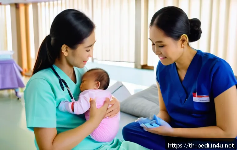 아기 예방접종 전후 관리법 - A tender scene at a modern Thai pediatric clinic where a young mother gently comforts her infant wea...