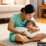 소아 복통 증상과 위장질환 진단 - A caring Southeast Asian mother gently comforting her young toddler wearing a diaper, sitting on a c...