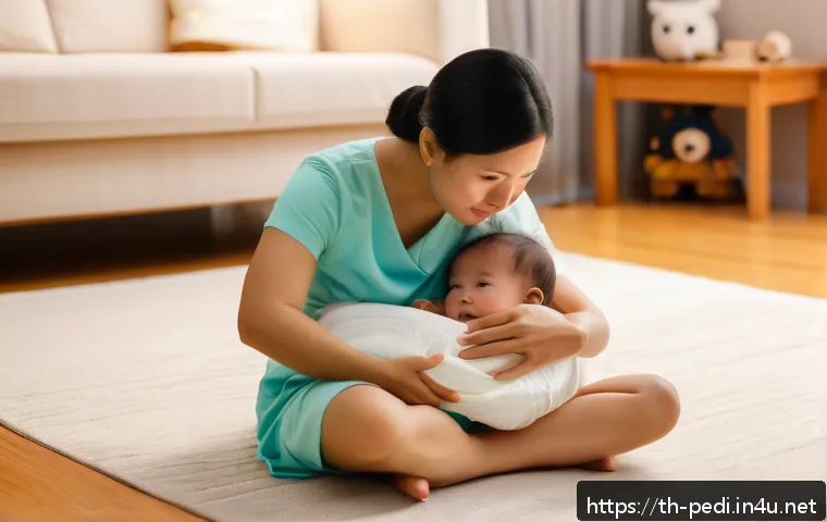 소아 복통 증상과 위장질환 진단 - A caring Southeast Asian mother gently comforting her young toddler wearing a diaper, sitting on a c...